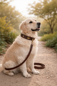 Load image into Gallery viewer, Dog on a leash sitting outdoors with a blurred natural background
