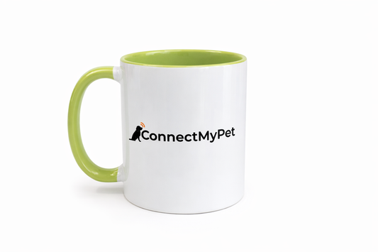 White mug with green handle featuring 'ConnectMyPet' logo on a white background