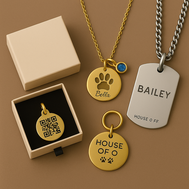Collection of pet tags and necklaces with engraved names and branding on a brown background.