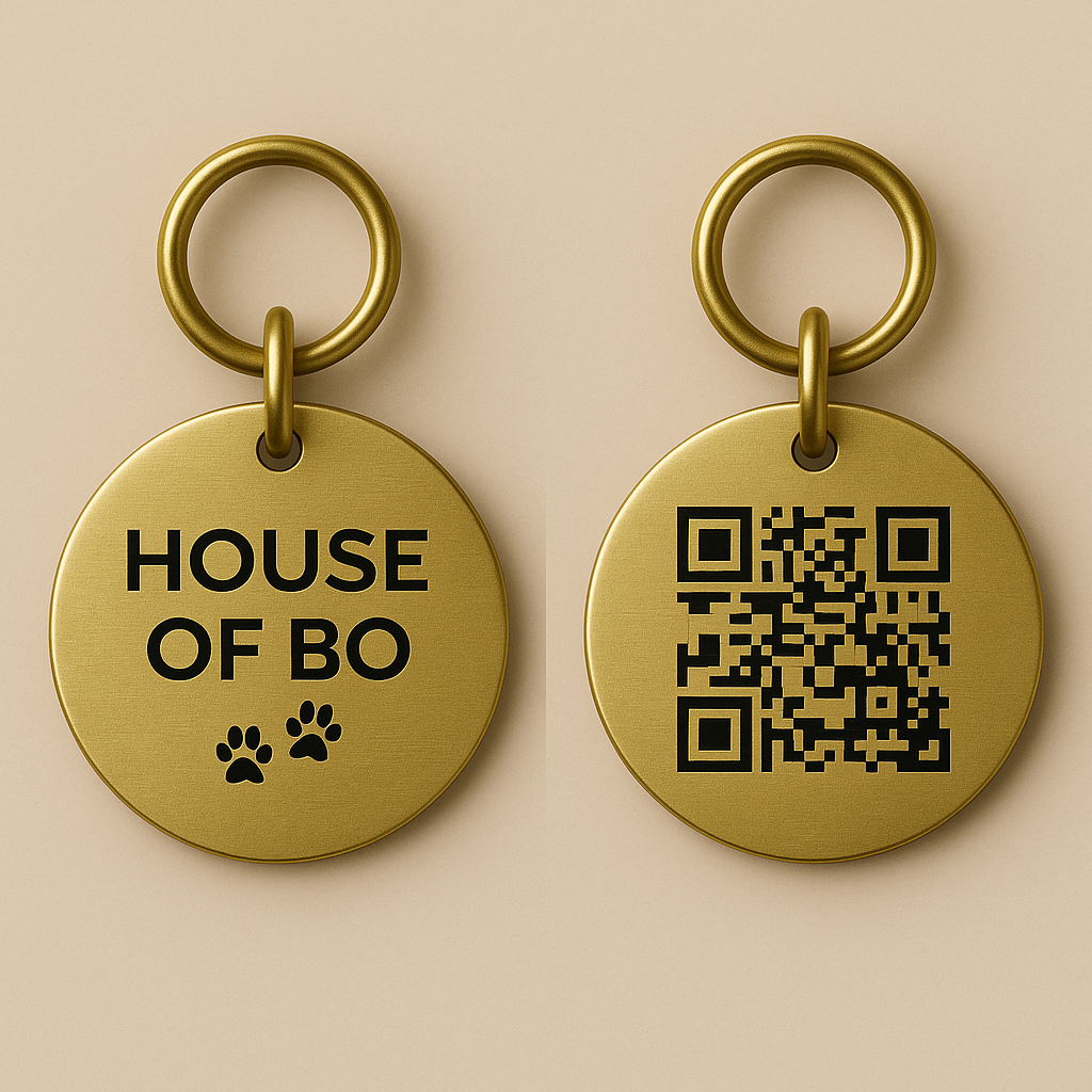 Two gold dog tags with 'HOUSE OF BO' and a QR code on a beige background