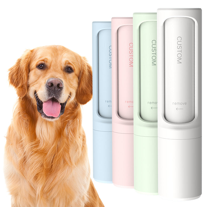 Dog with four customizable product containers in different colors on a white background