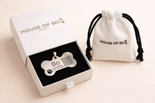 Dog tag with 'Bo' engraved, in a 'House of Bo' box and drawstring bag on a beige background.